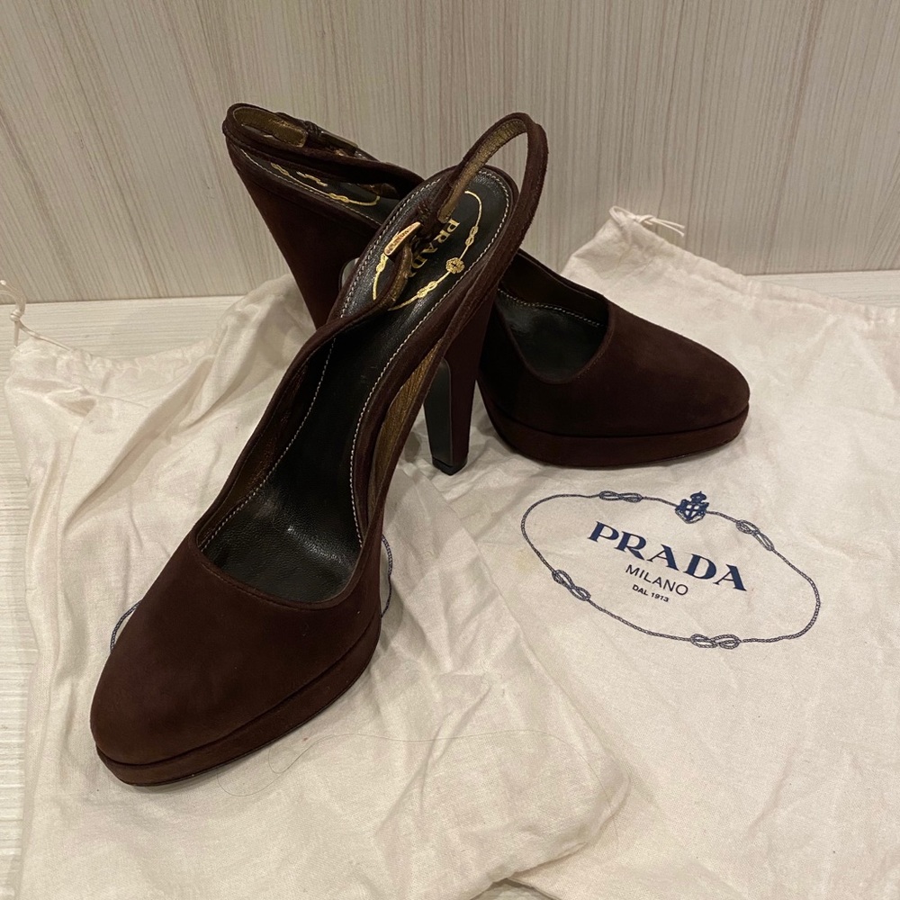 Prada Brown Suede Platform Slingback Heels